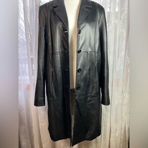 Wilsons Leather Black Long Real Leather Coat 1X | Minimalist Chic Trench Style